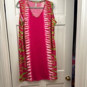 Pink and Green Tie-Dye Sleeveless Summer Dress